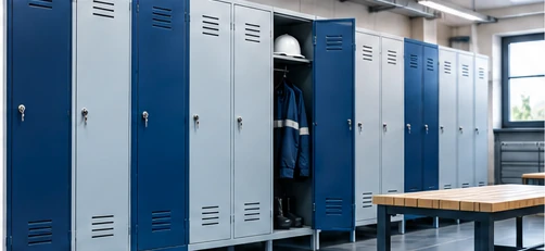 Illustration de vestiaires métalliques bleus et gris en entreprise