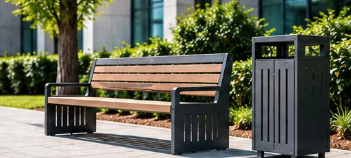 Illustration d’un banc public et d’une corbeille en métal