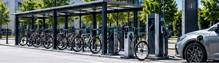 Illustration d’un abri à vélos et de bornes de recharge pour véhicules électriques